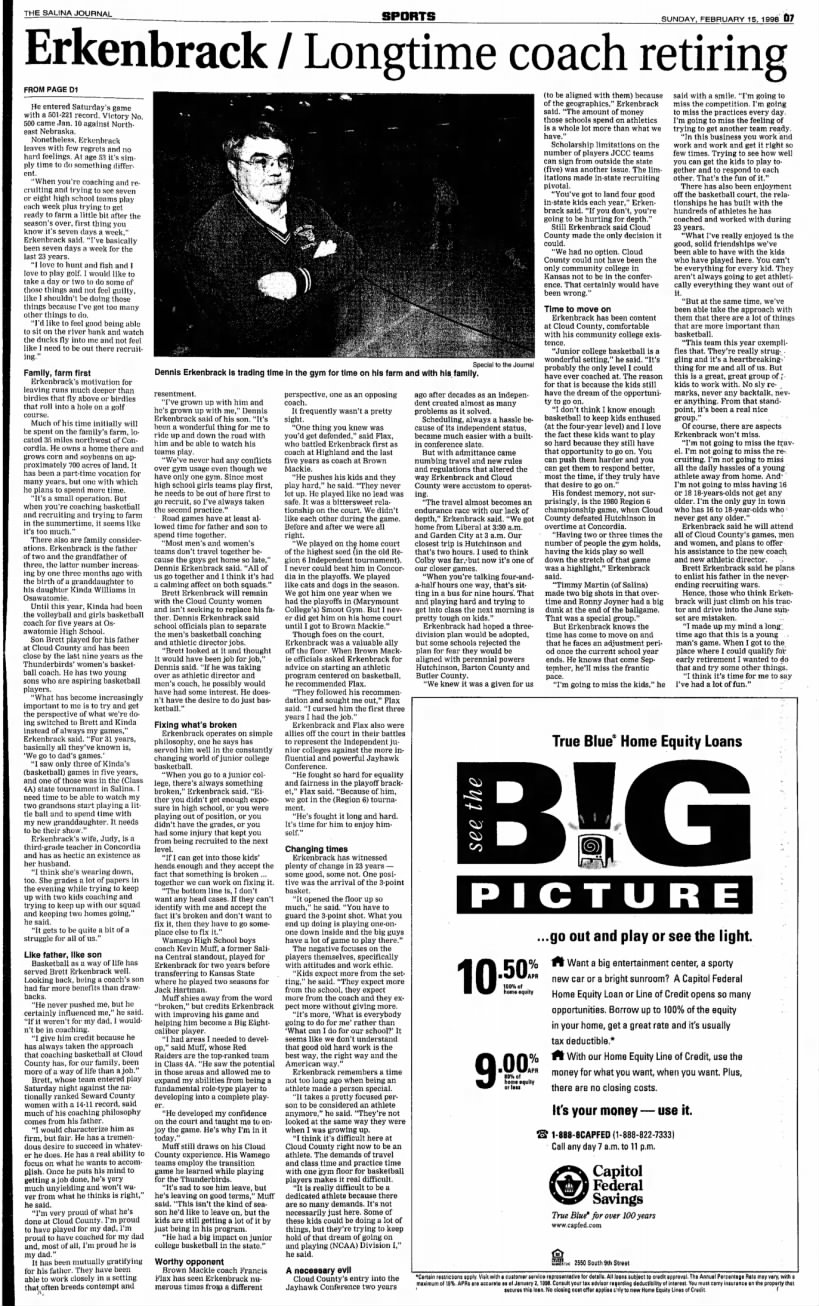 Dennis Erkenbrack retiring. Salina Journal, sun. Feb. 15, 1998